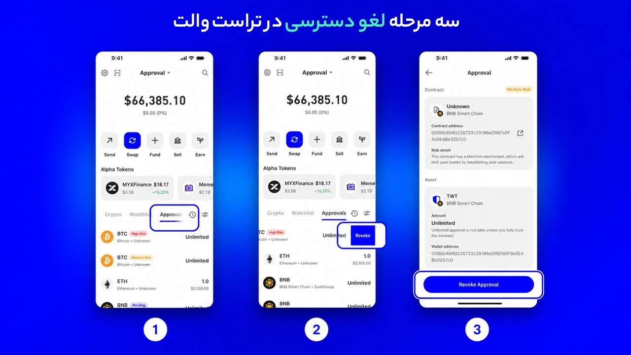 آموزش لغو دسترسی قراردادها در تراست والت؛ Revoke مجوزهای فعال، مشاهده مجوزهای فعال در بخش Approvals برای لغو دسترسی