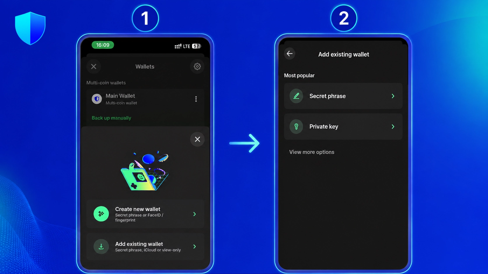 رمز تراست والت را فراموش کردم؛ برای بازیابی دسترسی چه کنیم؟ در صفحه گزینه Add existing wallet و Secret Phrase دیده میشود