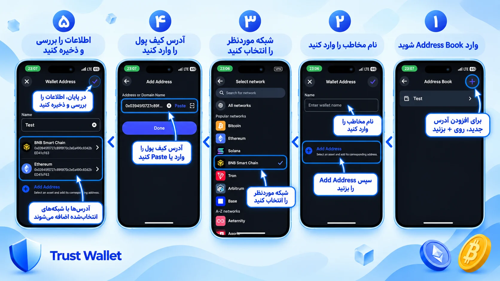 آموزش ذخیره آدرس در Address Book تراست والت؛ ذخیره آدرسهای مطمئن برای انتقال امنتر، با افزودن آدرس جدید به دفترچه آدرس