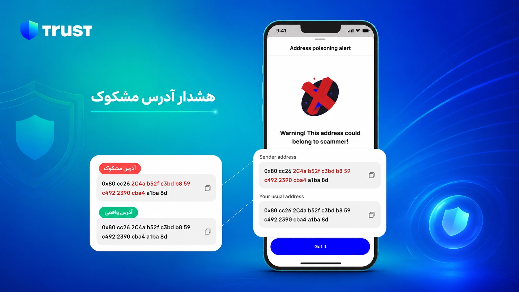 Address Poisoning در تراست والت چیست؟ تشخیص آدرس جعلی و جلوگیری از سرقت؛ هشدار تشخیص آدرس جعلی پیش از ارسال ارز