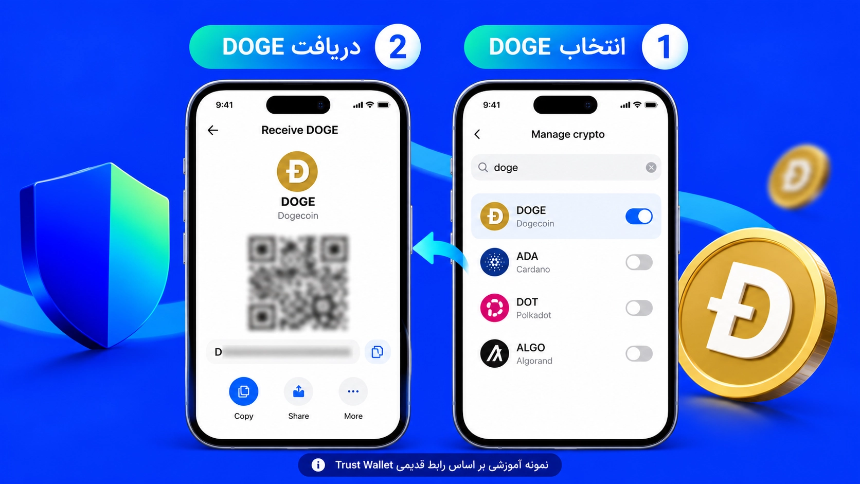 انتخاب دوج کوین در بخش Receive تراست والت و نمایش آدرس دریافت DOGE روی شبکه Dogecoin