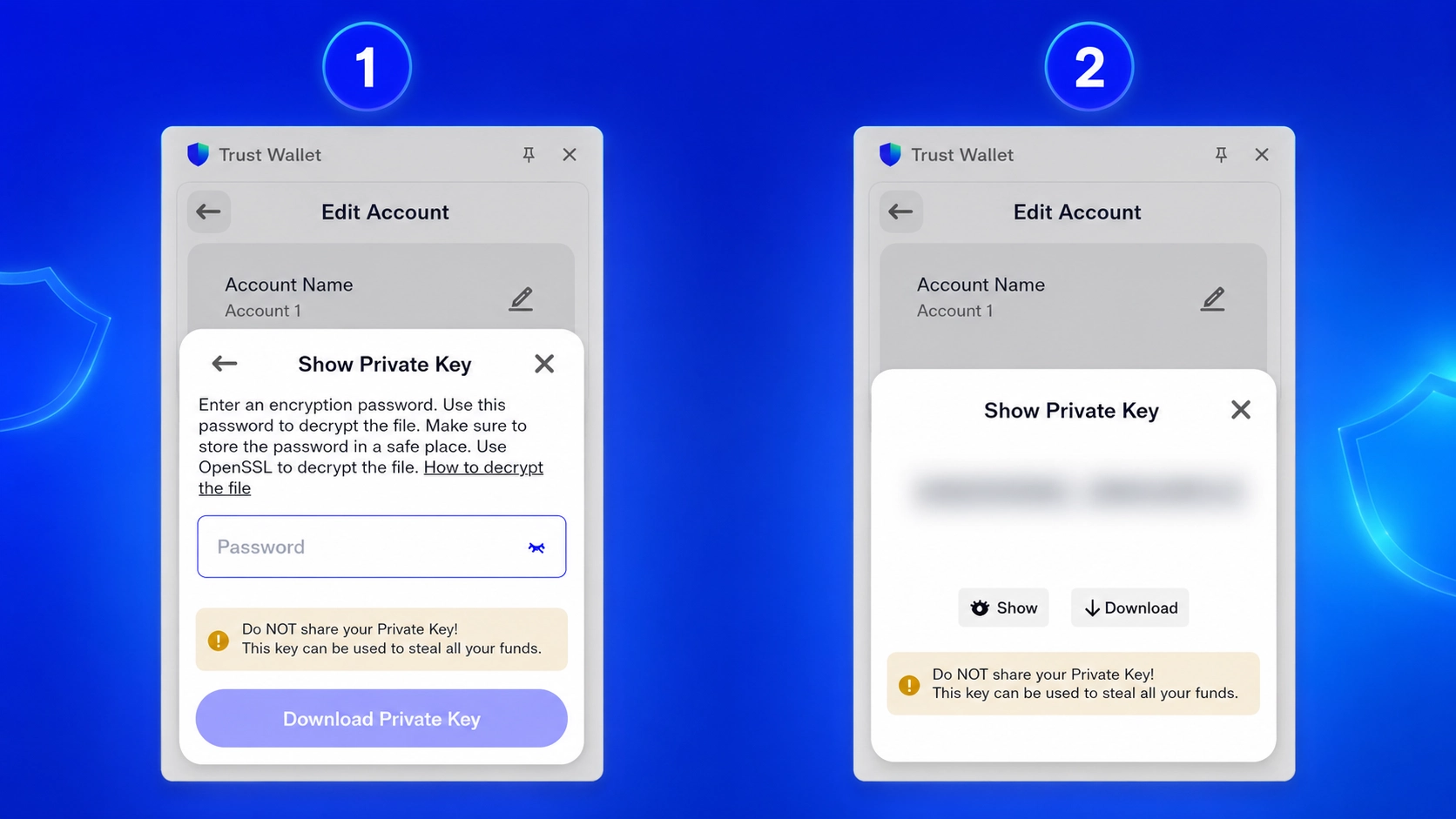 کلید خصوصی تراست والت کجاست؟ آموزش Export Private Key؛ نمایش فایل Private Key در افزونه Trust Wallet پس از تأیید رمز عبور