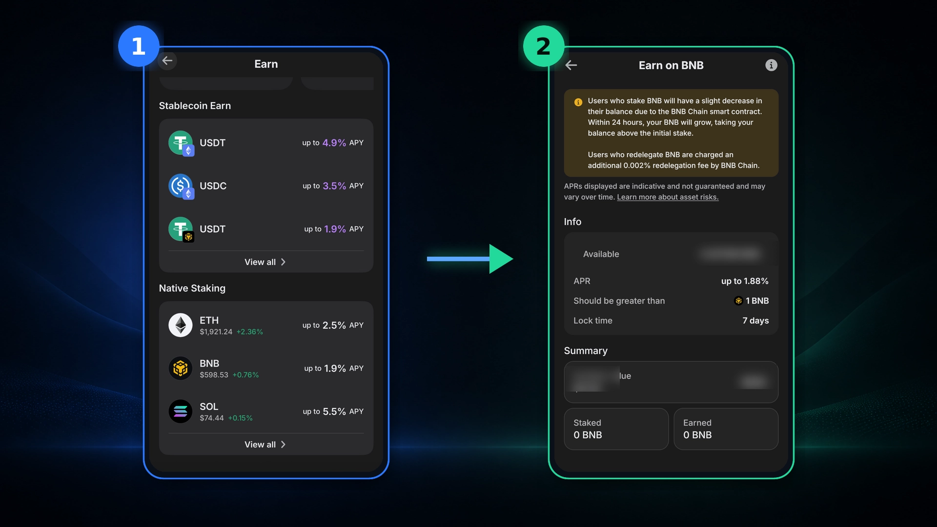 نمایش ورود به بخش Earn و انتخاب Native Staking برای استیکینگ؛ آموزش استیکینگ در تراست والت؛ Stake، Unstake و ریسکها