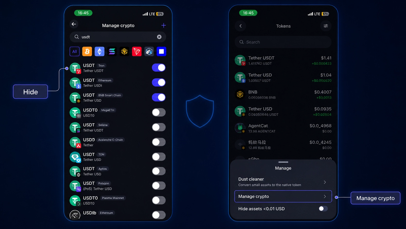 توکن ناشناس در تراست والت چیست؟ با ارزهای جعلی و Airdrop مشکوک چه کنیم؟؛ مخفی‌کردن توکن ناشناس از بخش Manage crypto