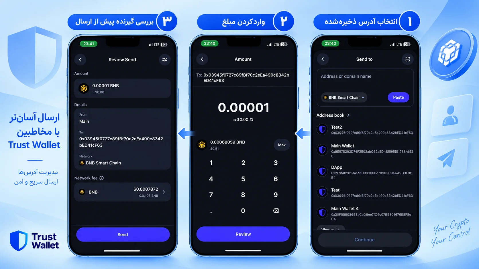 Address Book تراست والت؛ ذخیره آدرسهای مطمئن برای انتقال امنتر در صفحه Send، انتخاب آدرس ذخیرهشده برای ارسال