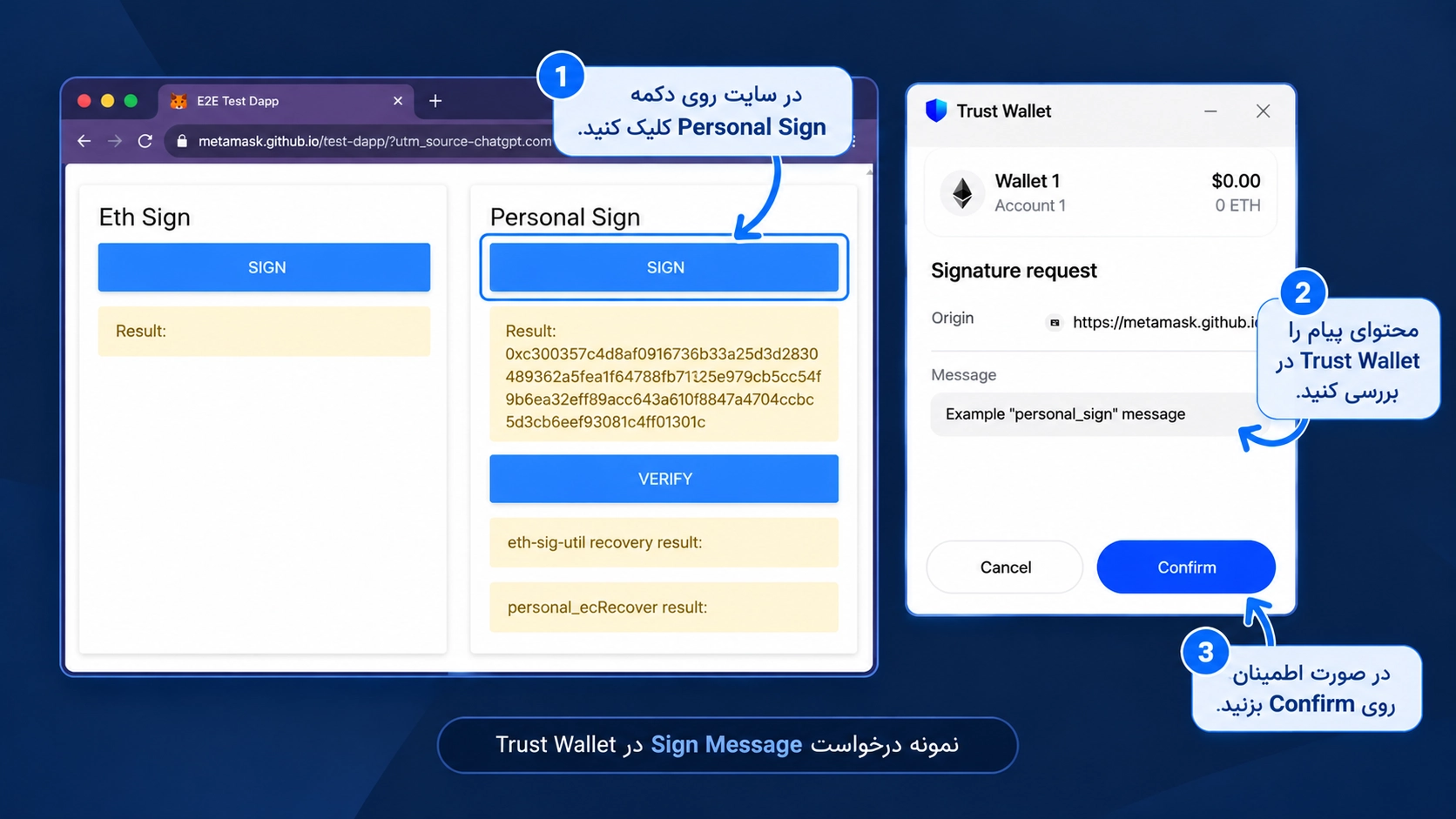 Sign در تراست والت چیست؟ تفاوت Sign Message، Approve و Confirm؛ نمونه Sign Message پیش از امضای پیام DApp