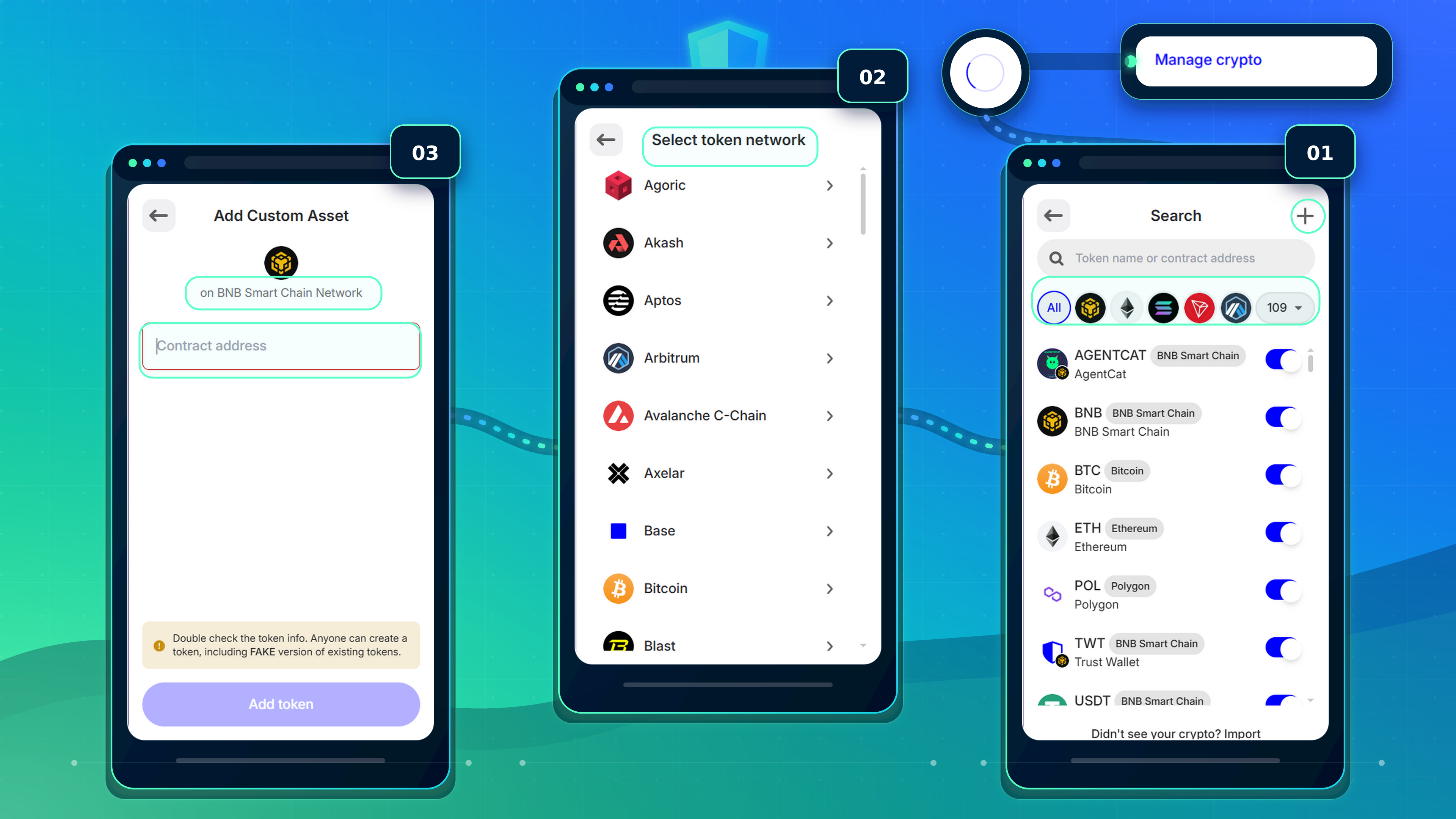 صفحه مدیریت توکن و انتخاب شبکه در آموزش کار با افزونه تراست والت در Chrome، Edge و Brave نمایش داده میشود.