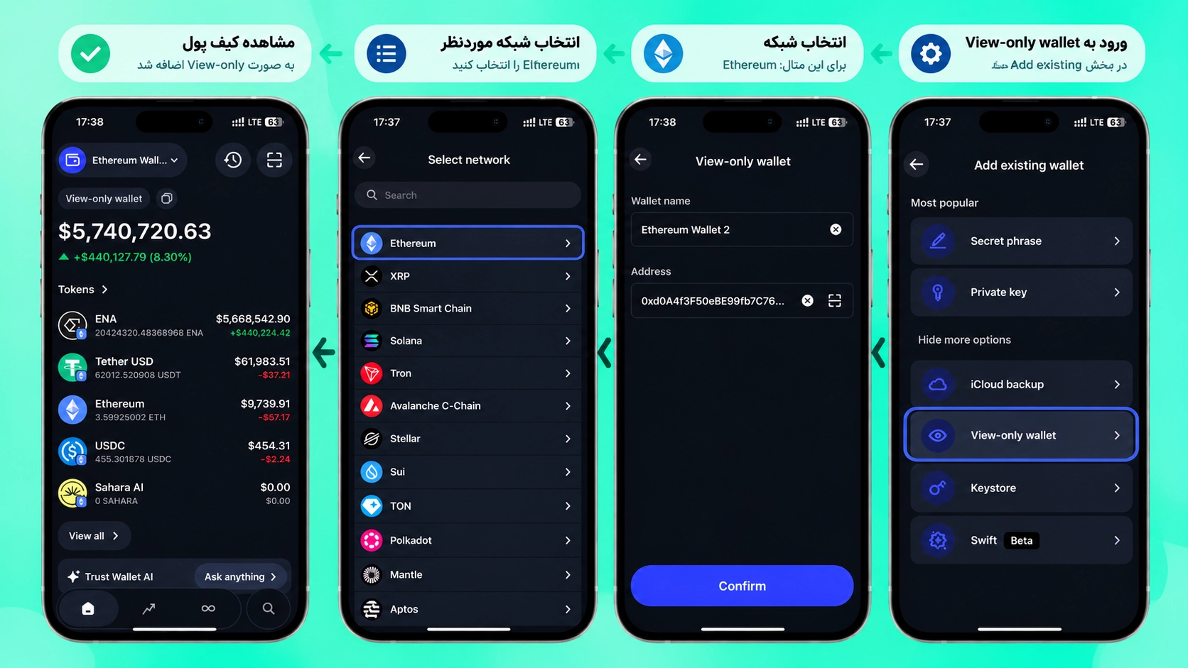 افزودن آدرس عمومی در حالت View-Only؛ Smart Money در کریپتو چیست؟ ردیابی کیف پول‌های سودده با Trust Wallet.