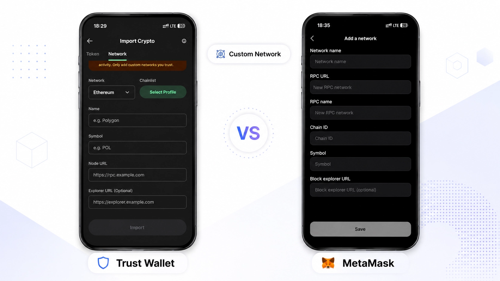 در تراست والت یا متامسک؟ مقایسه امنیت، شبکه‌ها و کاربرد، افزودن شبکه سفارشی با RPC و Chain ID نمایش داده می‌شود