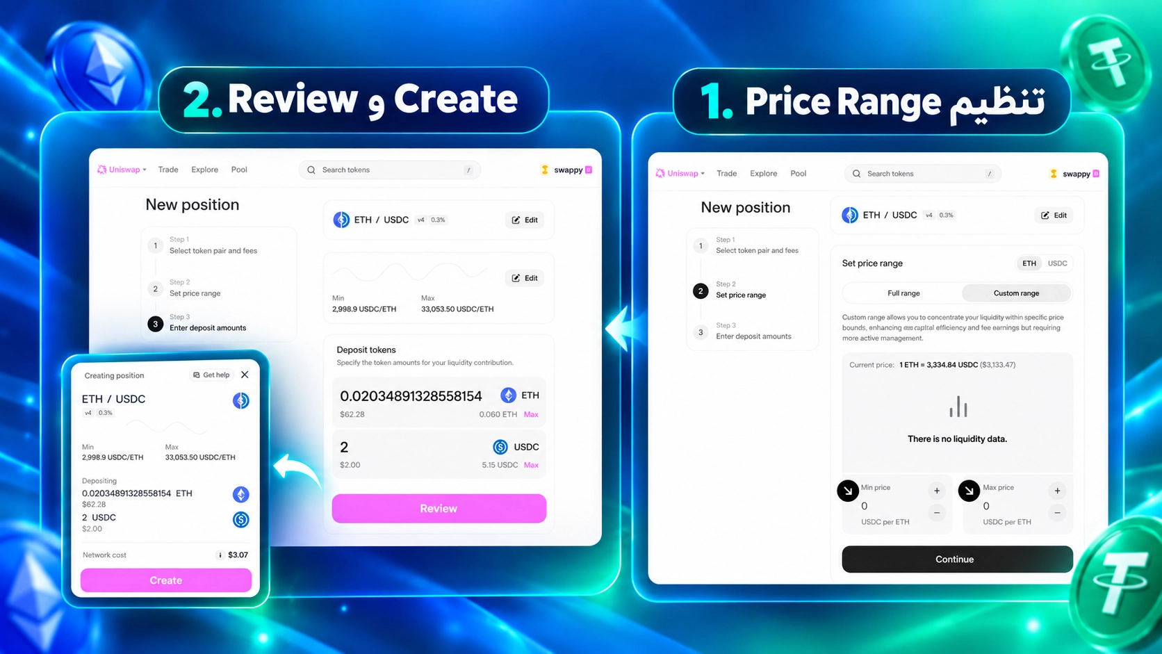 استخر نقدینگی با تراست والت؛ LP Token و Impermanent Loss چیست؟ تنظیم Price Range و Liquidity Position پیش از Create در Uniswap