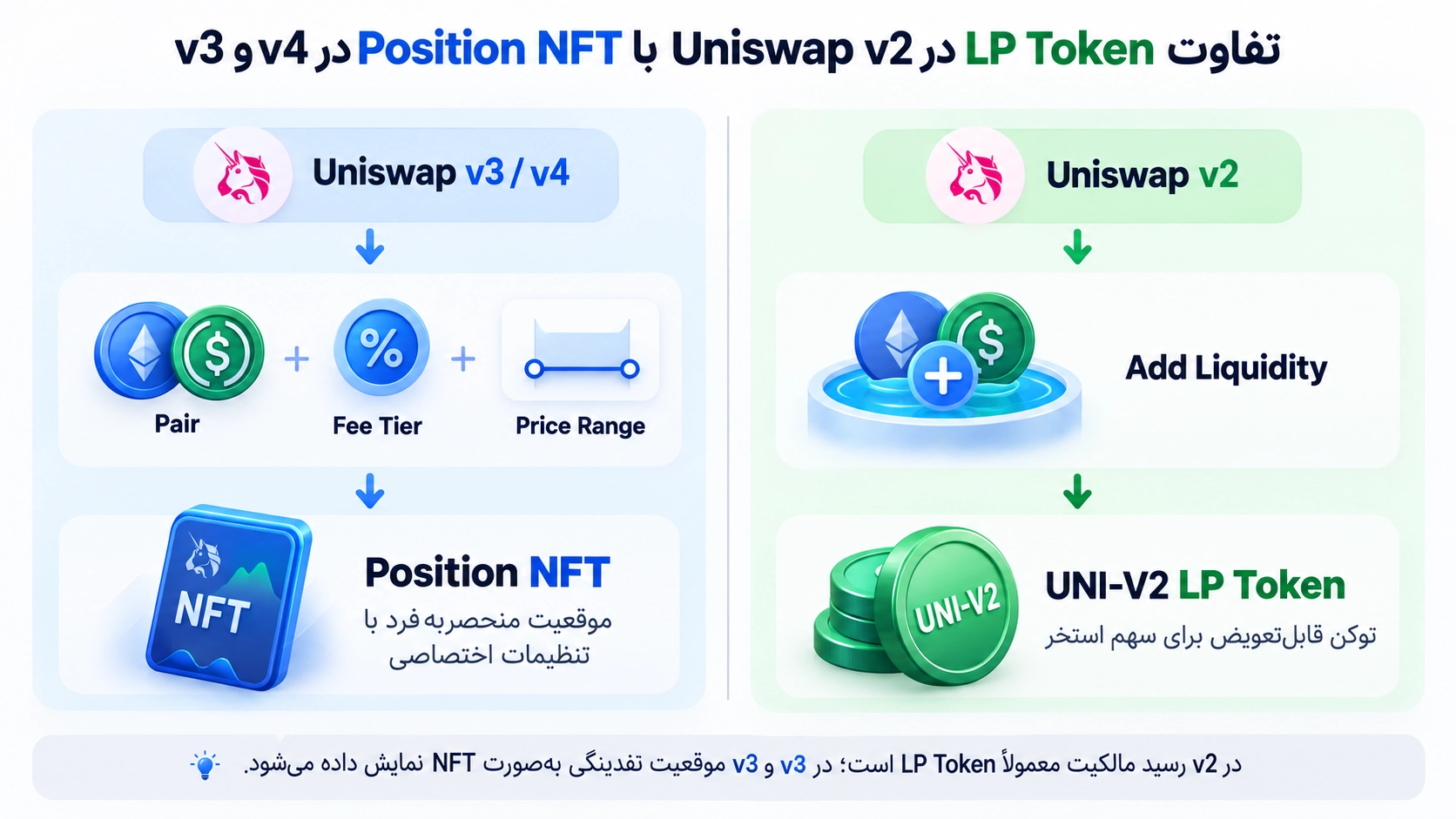 استخر نقدینگی با تراست والت؛ LP Token و Impermanent Loss چیست؟ مقایسه LP Token در Uniswap v2 و NFT موقعیت نقدینگی در v3 و v4
