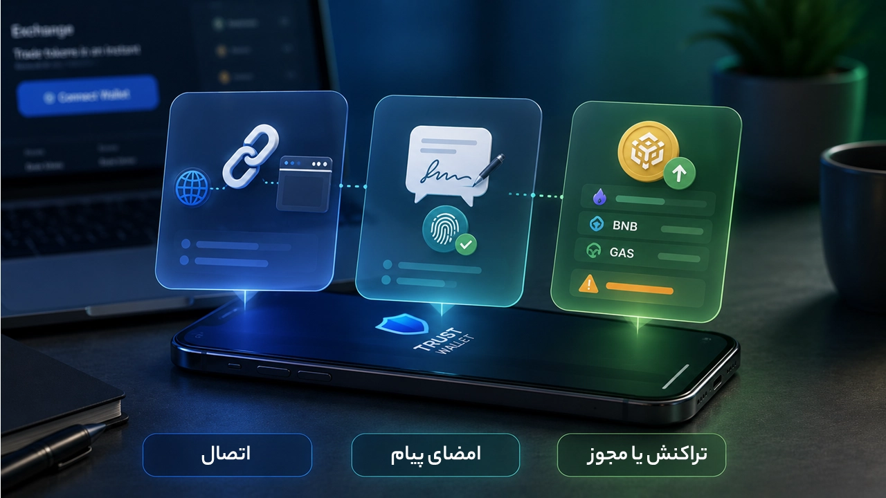 تفاوت اتصال WalletConnect، امضای پیام و تأیید تراکنش در تراست والت؛ اتصال تراست والت به پنکیک سواپ و DAppها با WalletConnect