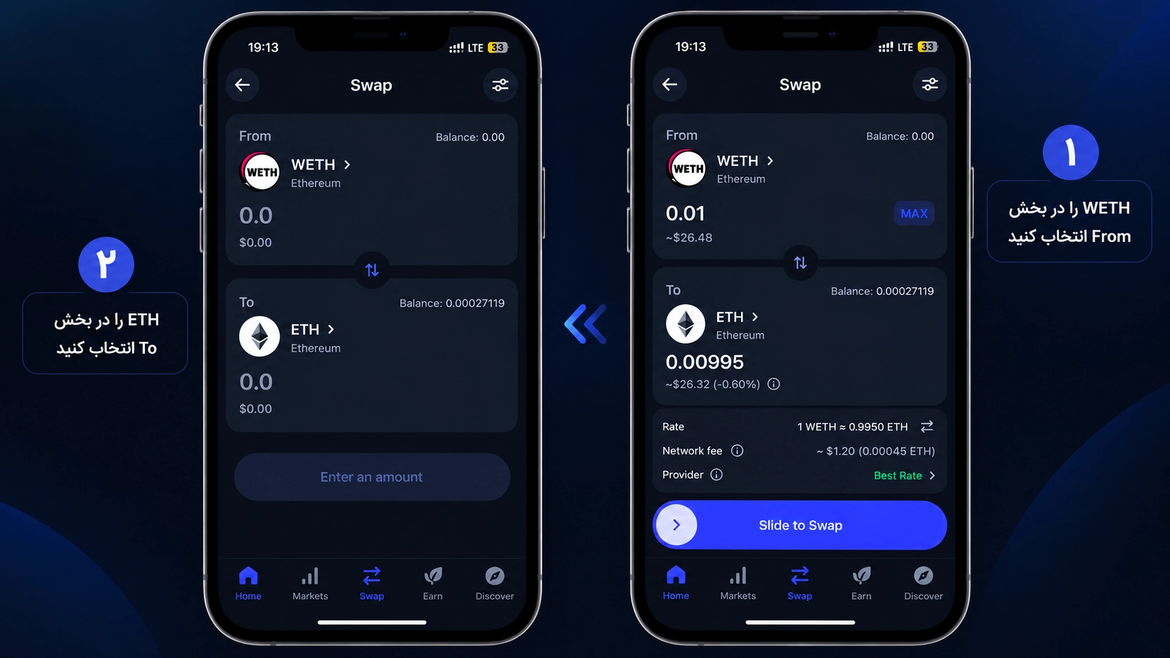 انتخاب WETH بهعنوان دارایی ورودی و ETH بهعنوان دارایی خروجی در بخش Swap تراست والت