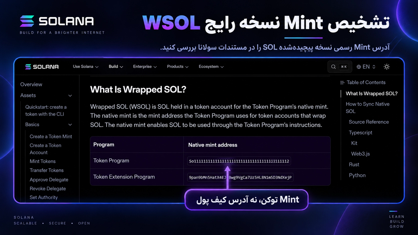 Wrapped Token در تراست والت چیست؟ تفاوت WETH، WSOL و WBNB با ارز اصلی؛ آدرس Mint نسخه رایج WSOL در جدول رسمی مستندات Solana