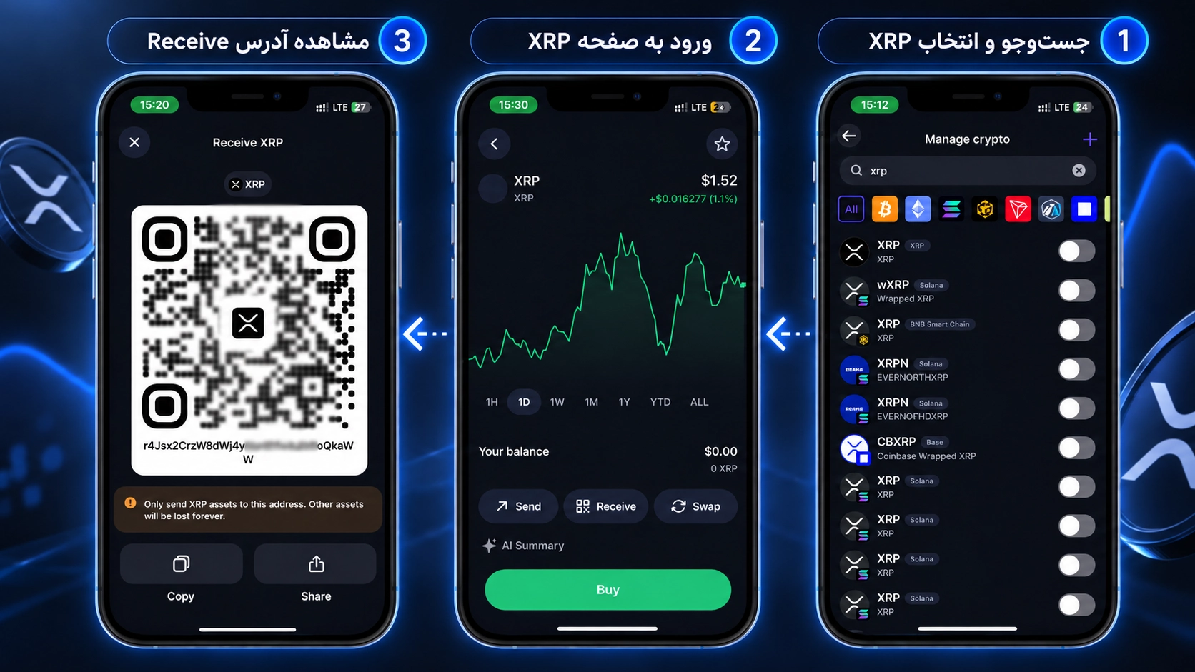 صفحه Receive برای دریافت XRP روی شبکه XRP Ledger در Trust Wallet